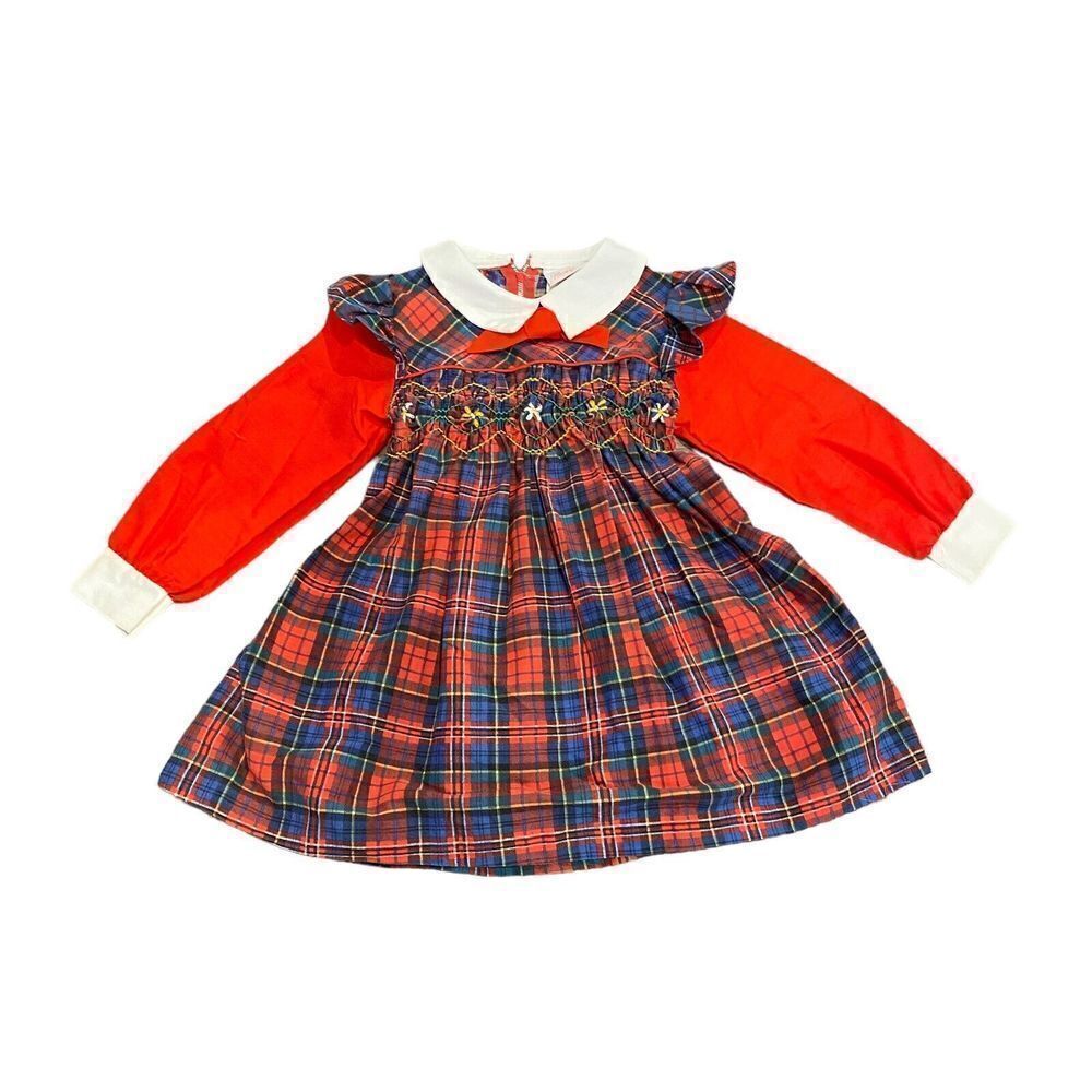 Beautiful Vintage‎ Pioneer Girls Hand Smocked Dress Belted Size 5 Red plaid